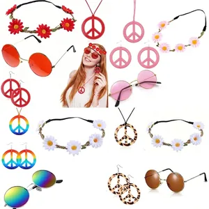 Hippie accessory set with round sunglasses peace sign necklace earrings and flower headband