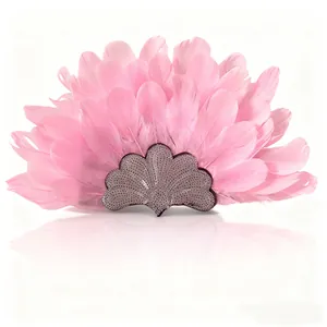 Detailed view of a pink feather fan headband with a sparkling sequined base ornament