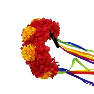 Tagetes-Blumenstirnband mit bunten Regenbogenbändern für festliche Kostümpartys.