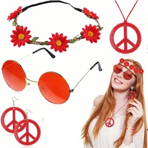 70s hippie accessory set with red sunglasses, daisy headband, and red peace sign jewelry.