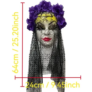 Detailed size guide of Mexican Day of the Dead mask with purple flowers and black veil