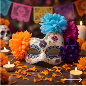 Detailed view of Mexican Day of the Dead mask with vibrant artificial flowers