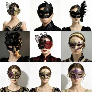 Collection of elegant masquerade masks for Halloween party, featuring lace and feather details.
