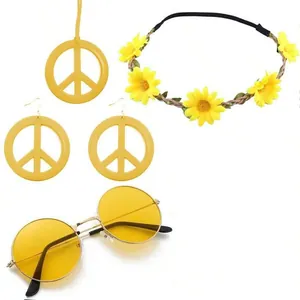 Hippie peace sign accessory set featuring yellow sunglasses floral headband and peace earrings