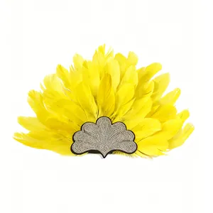 Detailed close-up of a vibrant yellow feather headband for carnival and stage performance