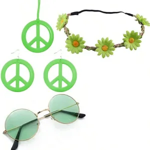 Hippie accessory set with green peace sign necklace, earrings, headband and round glasses
