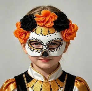 Day of the Dead sugar skull mask with vibrant orange and black flowers
