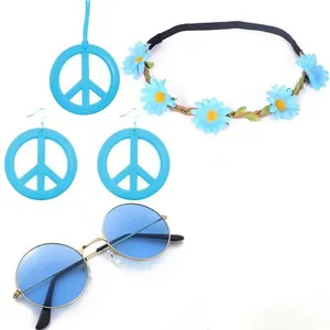 Blue hippie accessory set featuring round sunglasses, peace sign earrings and floral headband