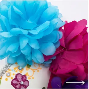 Close-up of Day of the Dead mask with vibrant artificial flowers and glitter details