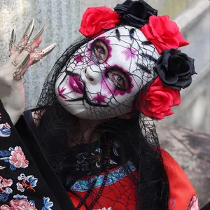 Day of the Dead sugar skull mask with red roses and black lace veil for Halloween