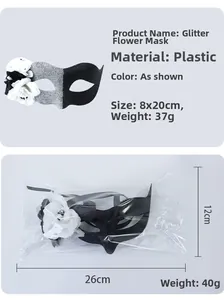 Detailed specs of black and silver glitter mask with white flower and packaging size