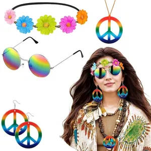 Rainbow hippie costume set with peace sign necklace, earrings, and round sunglasses