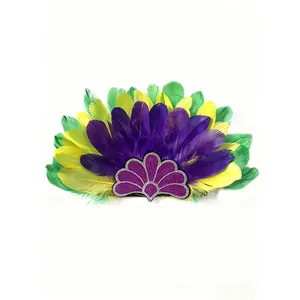 Front view detail of a vibrant purple, yellow, and green feather carnival headband prop