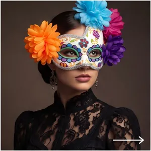 Detailed close-up of a Day of the Dead mask with vibrant artificial floral decorations.