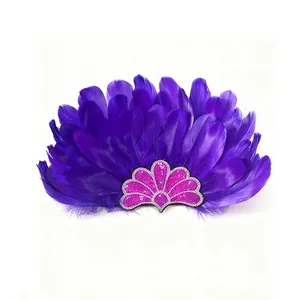 Detailed view of a purple carnival feather headband with pink sequin centerpiece decoration.