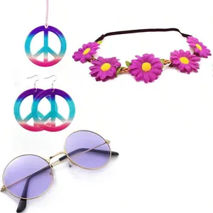 60s hippie costume set with round purple sunglasses, peace sign jewelry and daisy headband