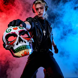 Detailed view of hand-painted resin skull mask for Day of the Dead cosplay