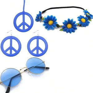 Blue hippie accessory set with peace sign necklace, earrings, sunglasses and flower headband.