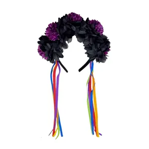 Gothischer Halloween-Haarreif mit Ringelblumen und langen bunten Bändern für Kostümpartys