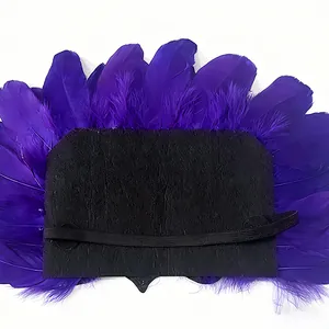 Close-up detail of the black elastic headband with vibrant purple feathers.