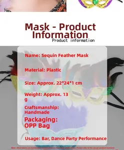 Detalles y especificaciones del producto para la máscara de lentejuelas y plumas.
