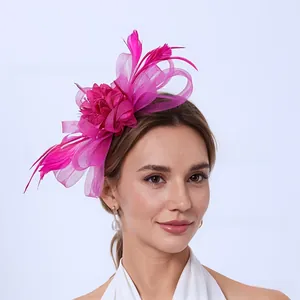 Detailed view of the pink feather and mesh fascinator headpiece on model