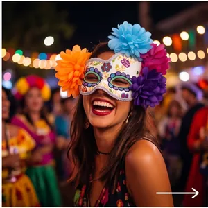 Detailed macro view of a vibrant Day of the Dead half-face mask with silk flowers