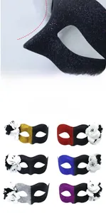Detail view of glitter phantom masks with skull and flower decorations in various colors