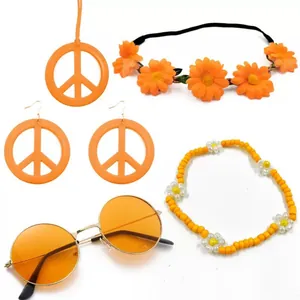 Hippie set with orange sunglasses, peace sign earrings, necklace and flower headband
