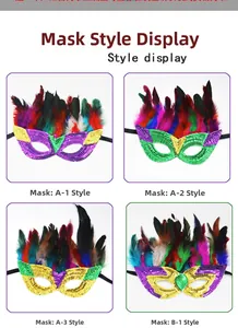 Pantalla detallada de cuatro máscaras de lentejuelas de colores con plumas exóticas