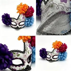 Detailed view of a Day of the Dead skull mask with colorful flowers and glitter.