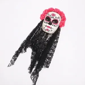 Mexican Day of the Dead mask with black lace veil and red rose crown for Halloween party