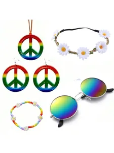 5-piece hippie costume accessory set with peace sign jewelry and rainbow sunglasses.