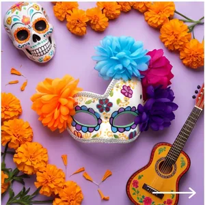 Mexican Day of the Dead floral half-mask with vibrant marigolds on purple background