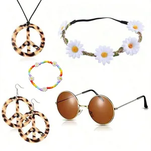Hippie costume accessory set including leopard peace necklace, sunglasses and daisy headband