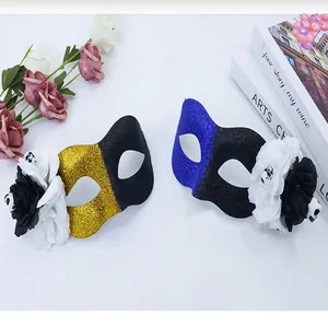 Detail view of glittery Day of the Dead masks with black and white floral skull decorations