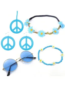 Blue hippie accessory set with peace sign necklace, earrings, flower headband and sunglasses
