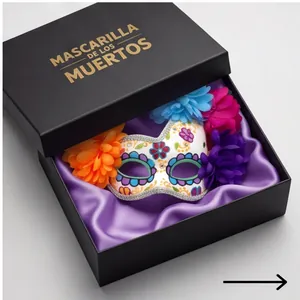 Detailed Day of the Dead sugar skull mask with vibrant flowers in a luxury gift box