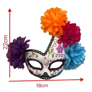 Colorful floral Day of the Dead sugar skull mask, size 18x22cm for Halloween parties