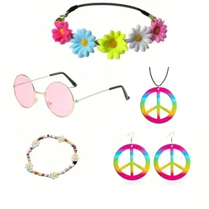 Full hippie costume accessory set with rainbow peace sign jewelry and floral crown