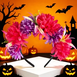 Serre-tête Halloween avec de grandes fleurs de souci artificielles roses et violettes