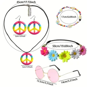 Detailed dimension guide for hippie peace sign accessory set with rainbow jewelry and sunglasses