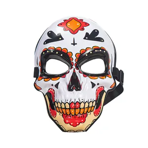 Detailed view of a Day of the Dead sugar skull mask with vibrant patterns