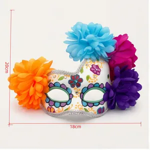 Detailed size measurements of the colorful floral Day of the Dead half face masquerade mask