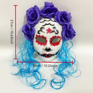 Detailed dimensions of Day of the Dead skull mask with purple roses and blue hair