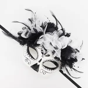 Detailed view of a Mexican Day of the Dead masquerade mask with ornate black and white feathers