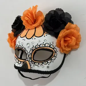 Day of the Dead masquerade mask with orange and black flowers for Halloween cosplay