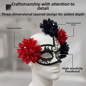 Détail du masque Jour des Morts avec fleurs rouges et noires sur une tête de mannequin.