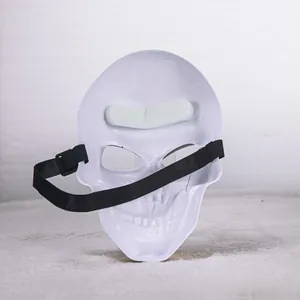 Detailed rear view of white skull mask featuring black elastic strap and green sponge padding