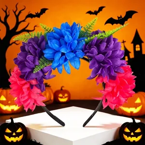 Vue détaillée du bandeau de fleurs de souci artificielles pour la fête d'Halloween